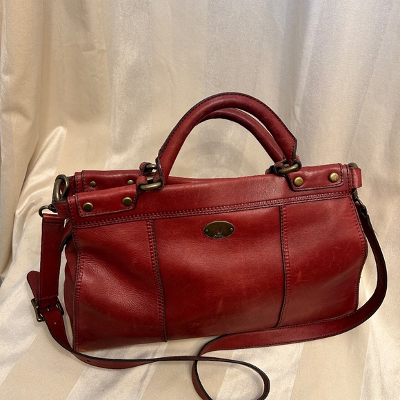 😍🌻 FOSSIL dark warm red Genuine Leather Crossbody Messenger Bag Satchel … - Picture 1 of 13